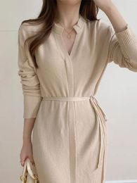 Casual Dresses Autumn Winter For Women 2024 Collar V Neck Long Sleeve Knit Dress Waist Lace Up Fromt Slit Elegant Midi