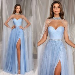 라인 드레스 이브닝 멋진 파란 아기 A 환상 랩 랩 푸른 새시 반짝이 공식 무도회 드레스 허벅지 분할 바닥 길이 Ruched Robe de Soiree