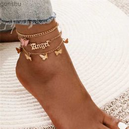 Anklets VAGZEB Bohemian Pink Butterfly Ankle Set Womens Angel Letter Pendant Ankle Chain Leg Beach Foot Bohemian Jewelry WX