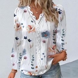 Women's Blouses Lightweight Shirt Elegant V-neck Lace Patchwork Blouse Floral Print Soft Breathable For Fall Fashion Casual Top