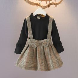 Girls' western style dress Spring and autumn baby fake 2 fashionable children's skirts Korean plaid little girl princess skirt