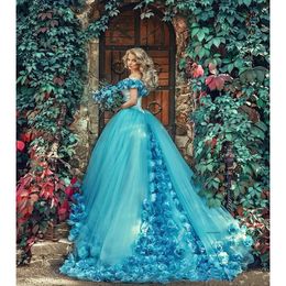 Vintage Blue Quinceanera Ball Gown Fairy Hand Made Flowers Off Shoulder Tulle Sweet 16 Vestidos De 15 Anos Birthday Dresses 0431