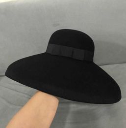 Retro Style Black Pure Wool Felt Floppy Hat Wide Brim Women Winter Fedora Cloche Bowler Hat Ribbon Band Wedding Party Church Hat 25309608