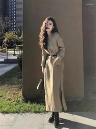 Casual Dresses 2024 Spring Autumn Knitted Sweater Split Dress Solid Belt Over Knee Long Sleeve Elegant Slim Fit V-Neck