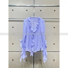 Women's T Shirts High Quality! 2024 Spring And Summer Irregular Ruffles Splicing Lightweight Drape V-neck Long-sleeved