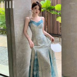 Casual Dresses Blue Patchwork Suspender Dress For Women's 2024 Summer Luxury And Niche Design Swing Long Skirt