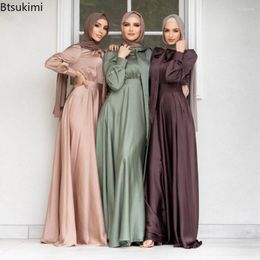 Ethnic Clothing Elegant Satin Dress For Women Muslim Fashion Abaya Hijab Dubai Turkey Evening Dresses Arabic Kaftan Robe Female Islamic