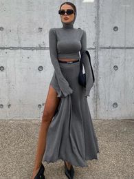 Work Dresses TARUXY Loose Side Slit Skirt Two Piece Sets Womens Outfits 2024 Women Dress Short Long Sleeve Hoodies And Skirts Suit Femme