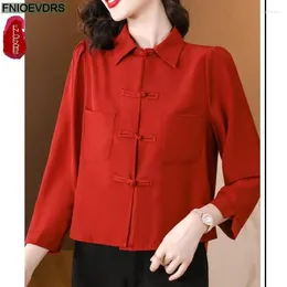 Women's Blouses M-4XL Year Red Tops 2024 Women Autumn Casual Loose Elegant Office Lady Retro Vintage Button Shirt