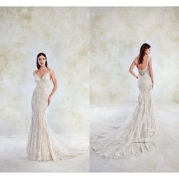 New Spaghetti Straps Full Lace Mermaid Dresses Applique Backless Sweep Train Wedding Dress Bridal Gowns Vestidos De Novia Sirena 0430
