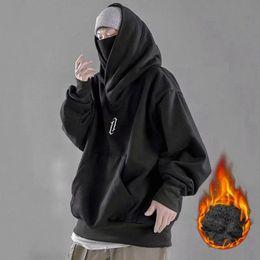 Ninja Neck Hoodies Man Autumn And Winter Fleece Sweatshirt Hip Hop Solid Long Sleeve Hoodie Pocket Loose Hooded Y2k Clothes Men 240430