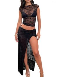 Women Sexy 2 Piece Outfits Lace Floral Embroidery Mesh Top Sheer Dress Coquette Going Out Party Clubwear