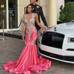 Sparkly Pink Mermaid Prom Dress For Black Girls 2024 Sier Beaded Rhinestones Party Gala Gown Robe De Soiree 0431