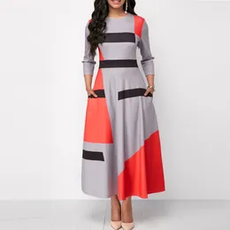 Casual Dresses Elegant Colour Block Striped Dress For Women Female 3/4 Sleeve O-neck Slim Maxi Grey Vintage High Waist A Line Vestido