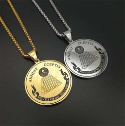 Masonic All Seeing Eye of Providence Pendants Necklaces For WomenMen Gold Colour Stainless Steel Round Coin Hip Hop Jewelry6541050