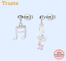 Stud TrustDavis Real 925 Sterling Silver Fashion Asymmetric Music Notation CZ Earrings For Women Valentine039s Day Jewellery H0907774683