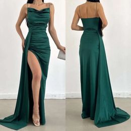 Spagetti elbiseler bölünmüş akşam balo yeşil koyu elbise pleats resmi uzun özel ocn parti elbise