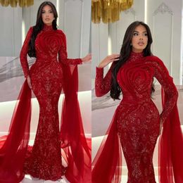 Evening Dresses Arabic Mermaid High Dubai Elegant Neck Long Sleeves Formal Prom Dress Sequins Lace Red Carpet Robe De Soiree