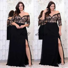 Black Lace Plus Size Prom Dresses With Half Sleeves Off The Shoulder V-Neck Split Side Evening Gowns A-Line Chiffon Formal Dress 2022 0431