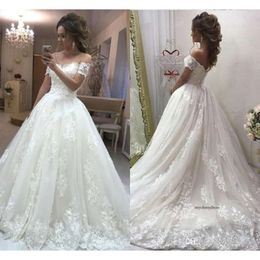 New Design Modern Elegant A Line Lace Dresses Short Sleeves Off-Shoulders Applique Floor Length Wedding Dress Bridal Gowns Vestidos 0430