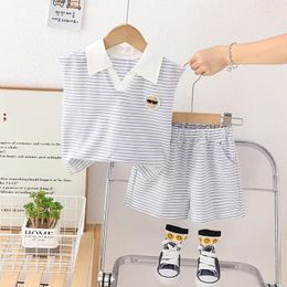 Clothing Sets Baby Boy Summer Clothes 2024 Cartoon Striped Turn-down Collar Sleeveless Vest Shorts Kids Boys Designer Suits Outfits Set