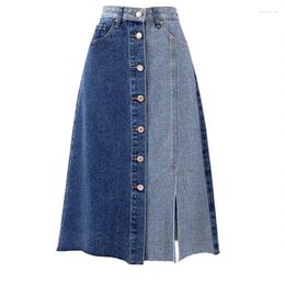 Skirts Denim Skirt Women Korean Fashion Colour Match High Waist Long Vintage Style Female Casual Buttons Pockets Split Jeans