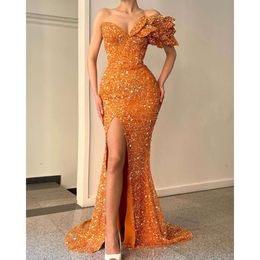 이브닝 스팽글 오렌지 섹시 파티 연인 공식 무도회 드레스 주름 주름 슬릿 드레스 특별한 OCNS ES
