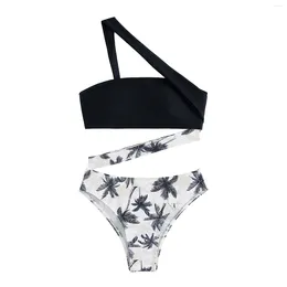 Women's Swimwear Coconut Tree Print Sexy Hollow Tube Top Straps Slanted Shoulder Bikini Swimsuit Bottoms Shorts