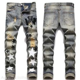 Amirir Jeans Amirir Jeans European Trend Jean Letter Star Jean Men Embroidery Patchwork Ripped Jeans Trend Brand Motorcycle Pant Mens Skinny Jeans 862