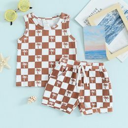 Clothing Sets Toddler Kids Baby Boys Summer Clothes Tropical Tree Checkerboard Print Tank Tops And Drawstring Shorts Casual Outfits