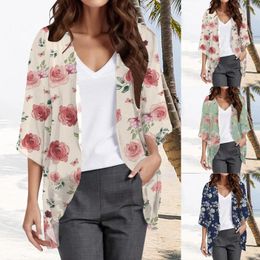 Women's Blouses Floral Printed Three Quarter Sleeve Loose Blouse Fashion Cardigan Shirt Top Women Long Button Down