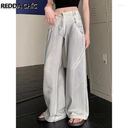 Women's Jeans REDDACHiC Retro Gray Dirty Wash Baggy Women Plus Size Pintuck Distressed High Waist Wide Leg Denim Pants Y2k Streetwear