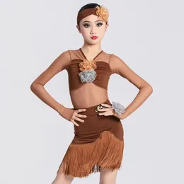 Stage Wear Children'S Latin Dance Clothing Girls Mesh Sleeves Top Fringed Skirt Kids Competition Costume DWY9821