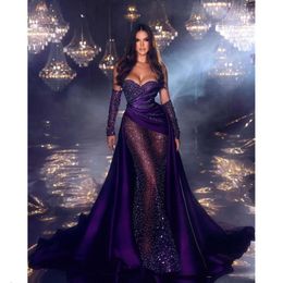 Beading Purple Prom Party Sweetheart Overskirts Formal Gowns Dresses For Special Ocns Pleats Half Sleeves Evening Gown