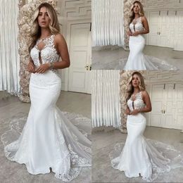 Gown Mermaid Bridal Boho Wedding 2021 Dresses Sleeveless Lace Applique Sexy Backless Custom Made Plus Size Covered Buttons Chapel Train Vestidos De Novia