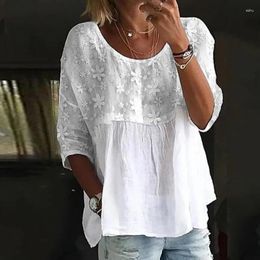 Women's Blouses Lace Embroidered Summer Linen Blouse Women O Neck Three-quarter Sleeve T-shirt Casual Tops Flower 3XL Loose Elegant Shrits