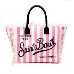 Saint Barth Brand Fashion Pink Vertical Striped Canvas Handbags Women Tassel Design High Quality Casual Tote Beach Shoulder Bag 240429