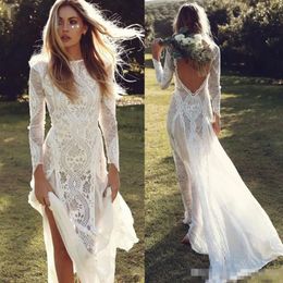 Jewel Lace Backless Sexy Sleeves Long Dresses Neck Boho Custom Made Plus Size Sweep Train Beach Wedding Bridal Gown