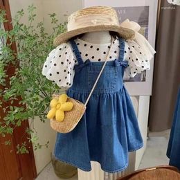 Clothing Sets Girls Summer Set 2024 Short Sleeved Top Denim Bow Strap Dress Two Piece Toddler Girl Sweet Gentle Cute Clothes