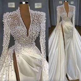 Mermaid Wedding Beaded Dresses Pearls With Overskirt High Split Deep V Neck Long Sleeves Satin Ruched Pleats Custom Made