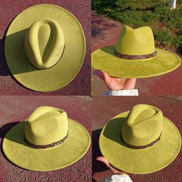 Avocado Green Fedora Suede Hat Checkered Belt Water Drop Top Large Brim Hat Mens and Womens Hat Suede Hat sombrero mujer 240430