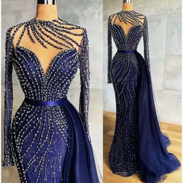 Ebi Aso Size Plus Arabic Navy Blue Luxurious Prom Dresses Beaded Mermaid Lace Evening Formal Party Second Reception Gowns Dress