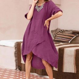 Party Dresses Women O-Neck Half Sleeve Irregular High-low Hem Casual Dress Solid Colour Loose Pullover Midi Female Clothing