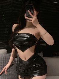 Work Dresses Women's Tie Up Belly Bag Black Wrap Hip Leather Skirt Set Nightclub Passion Uniform Romantic Charm Mature Elegant Gentle EZJM