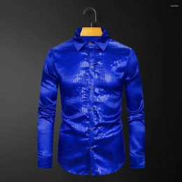 Men's Casual Shirts Men Long Sleeve Sequin Shirt Colourful Stripe Lapel Dance Slim Fit For Club