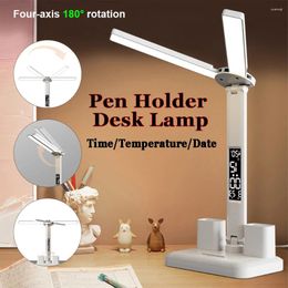Table Lamps LED Alarm Clock Light 180° Rotation With Pen Holder & Time Date Temp Display Eye Protection Foldable Reading Night