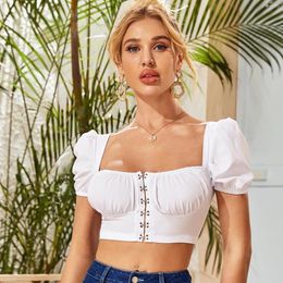 Women's T Shirts Square Neck Hook Button Design Bubble Sleeve Shirt Summer Casual Low Cut Navel Crop Sexy Chic Tops Tee