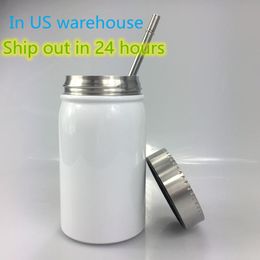 US Warehouse 500ml Sublimation Mason Jar Mugs Stainless Steel Coffee Cup Portable Heat Insulation Tumbler Dust-proof Bottle with Metal Lid & Straw B6 312F