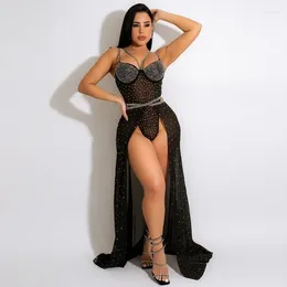 Work Dresses KEXU Mesh See Though Diamonds Rhinestones Bodysuit And Tie Waist High Split Maxi Skirt Two 2 Piece Set Women Swimsuit