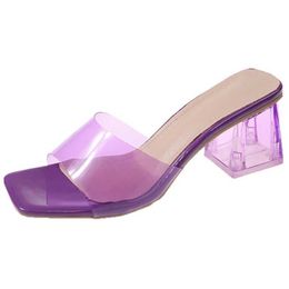 Slippers Crystal PVC Clear High Heel for Women 2023 Summer Slip-On Square Toe Sandal Woman Sexy Heels Jelly Shoes Ladies H240430